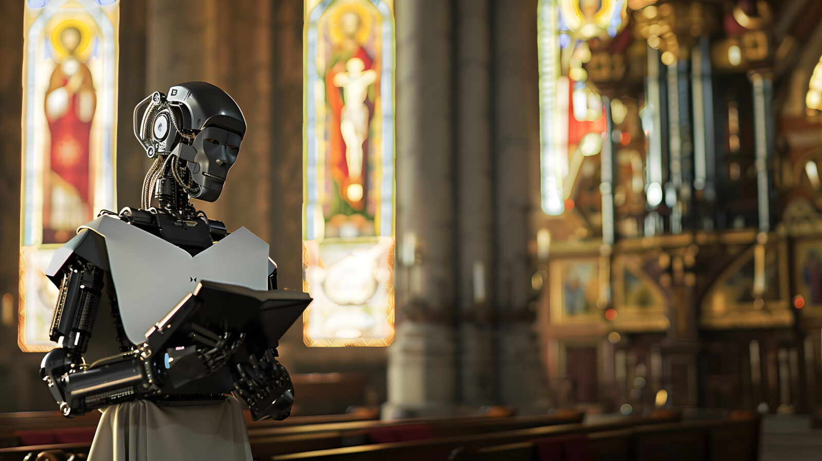 AI robot dressed in priest's robes, preaching in a church. This futuristic scene combines traditional religious settings with advanced technology