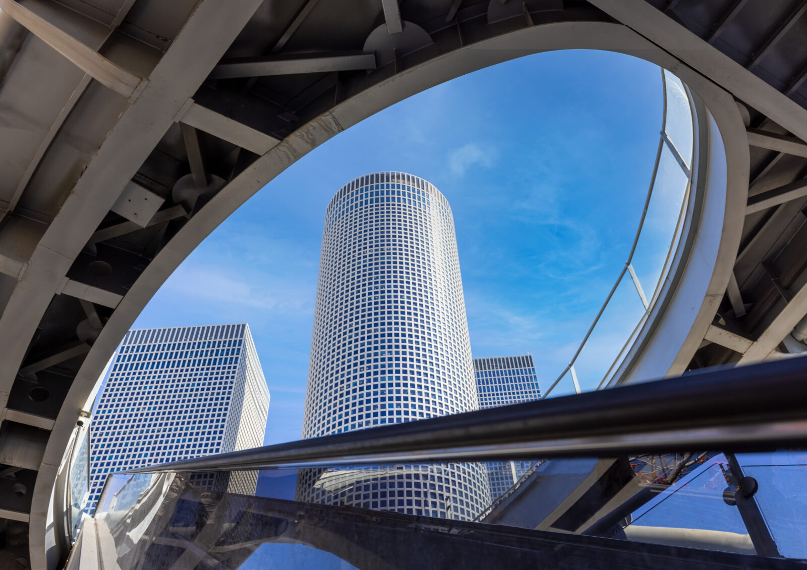 Israel, Tel Aviv financial business district skyline includes shopping malls and high tech offices.