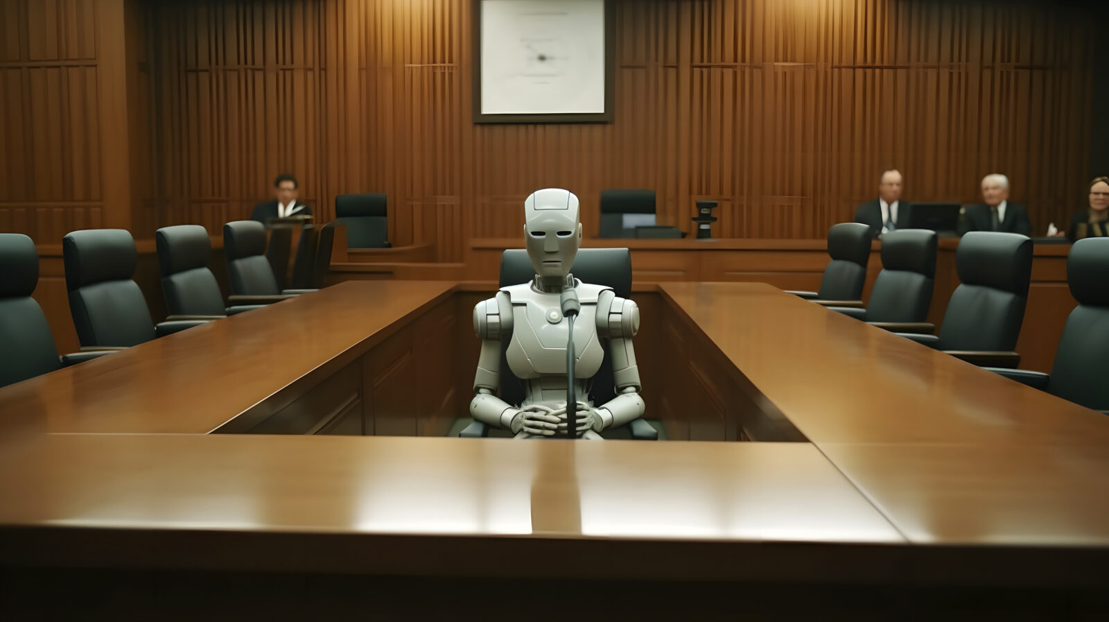 Anthropomorphic robot in human court, neural network generated art. AI law concept. Digitally generated image. Not based on any actual person, scene or pattern. Generative AI