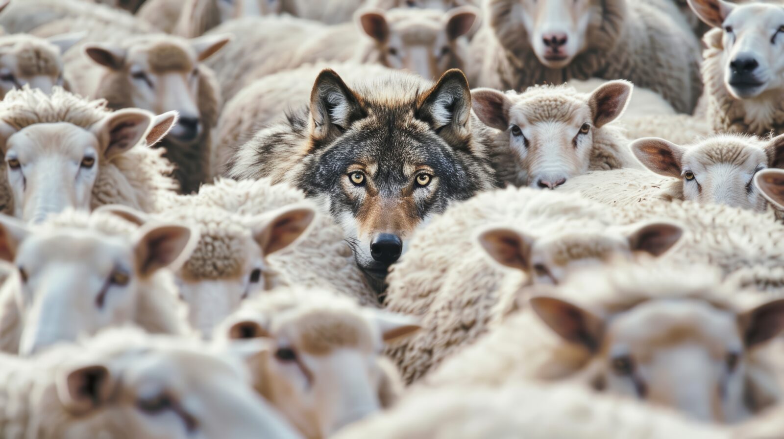 A wolf hiding among a flock of sheep, leading the way or waiting for the right moment to act - Concept of identity and difference, of being unique among others, or metaphor for hidden risk and danger