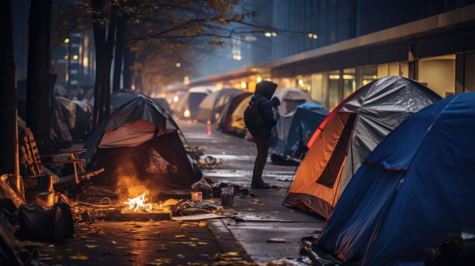 Tents set up outdoors on a city street