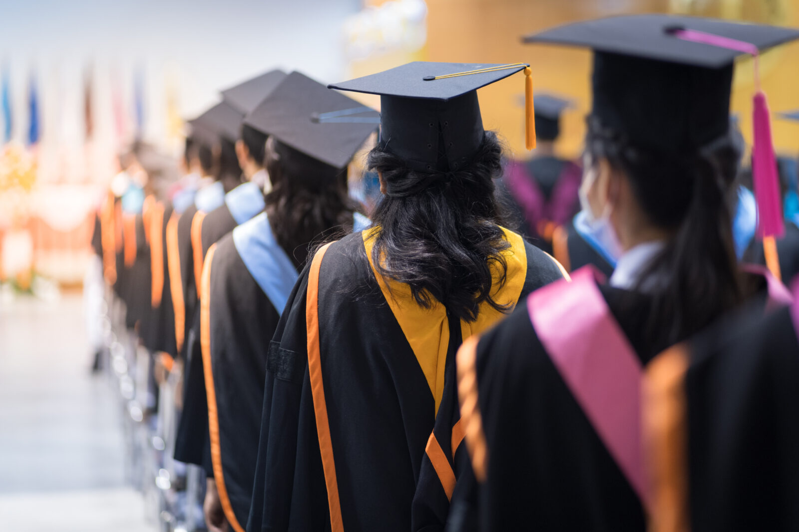 Rearview of the university graduates line up for degree award in university graduation ceremony. The university graduates are gathering in the university graduation ceremony. Crowd of the graduates.