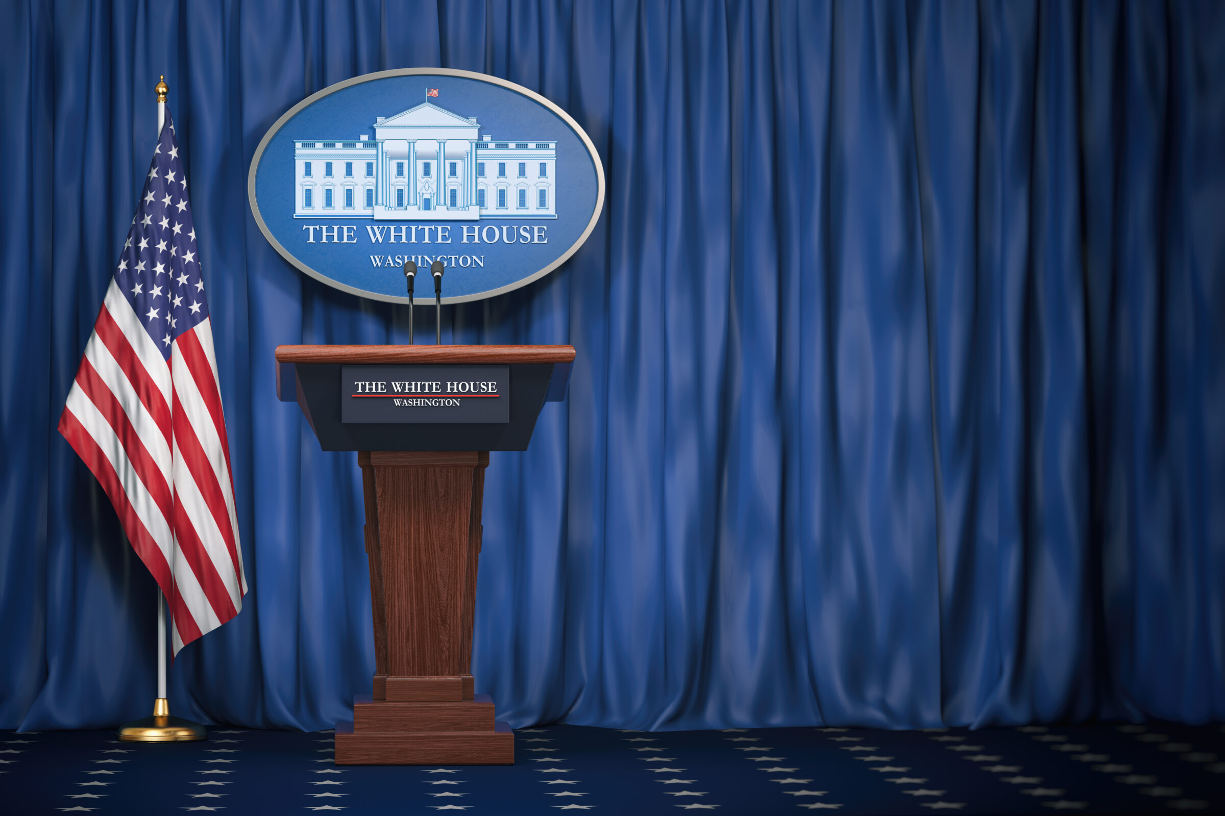 Podium speaker tribune with USA flags and sign of White House with space for text.  Briefing of president of US United States in White House.Politics concept.